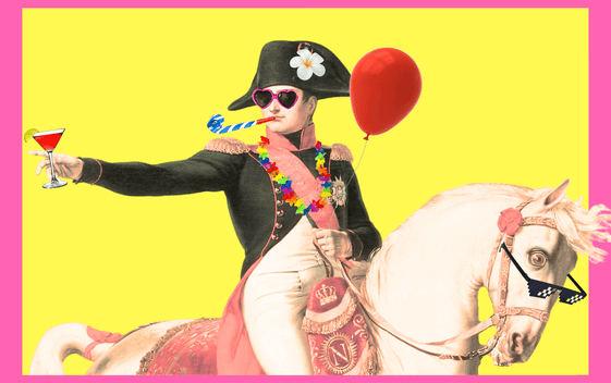 A cartoon image of Napoleon on a horse. He is blowing a party blower with a red balloon and holds a cocktail glass with red liquid in. The horse is white and the background is yellow