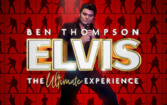 Red background with small silhouettes of Elvis Ben as Elvis at the front with writing