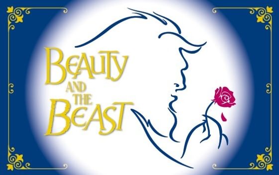 An outline image of a beast holding a rose is set against a blue background with gold text saying "Beauty and The Beast"