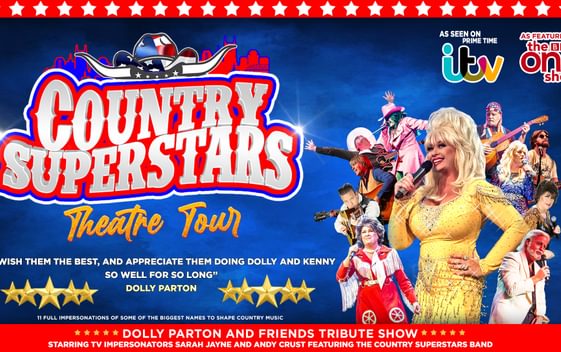 Pictures of various country and western singers including Dolly Parton and Kenny Rogers blue back ground with silver writing saying Country Superstars with ITV and the One Show logos and two 5 star reviews with gold stars