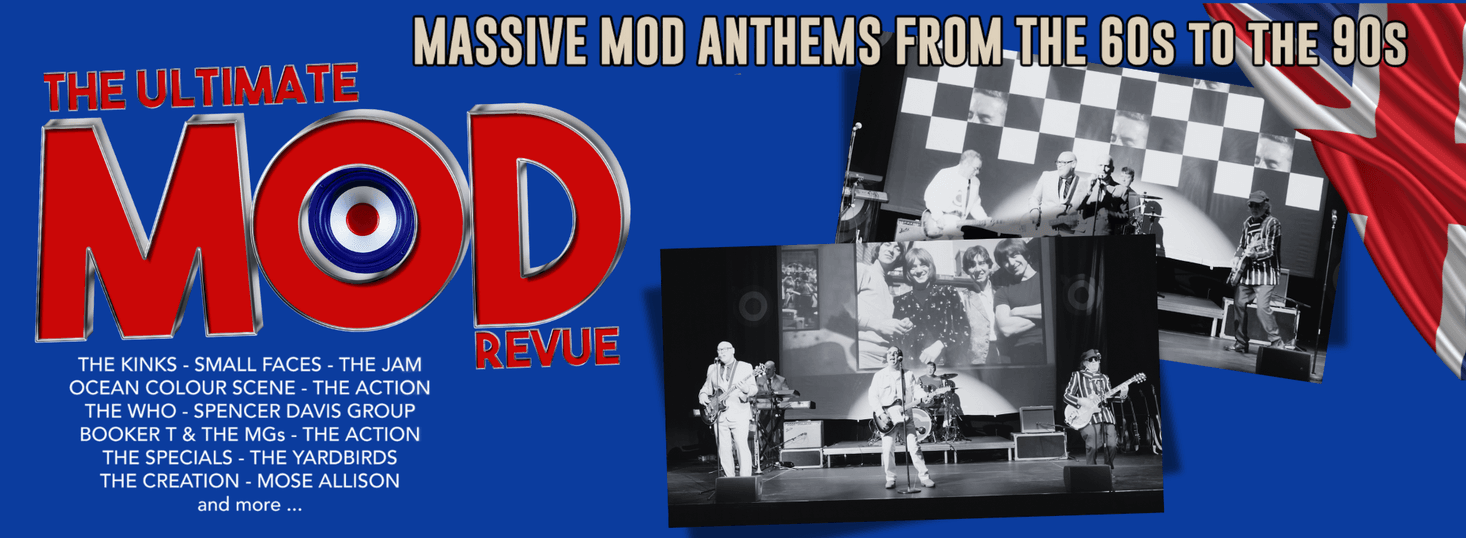 Blue background black and white photos of live band MOD written in red with a target in the middle.