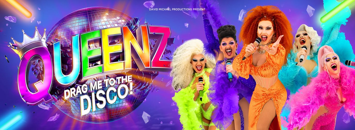 5 Drag Queens in a range of colourful costumes, singing into microphones with the show logo set over a disco ball