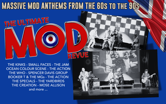 Black and white photos of Mod band blue background a list of all the artists they cover MOD with a target in the middle.
