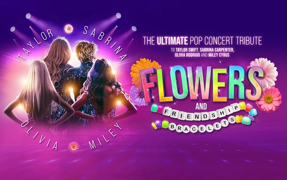 the backs of 4 female singers Flowers and Friendship Bracelets written in colours and squares pink / purple back ground