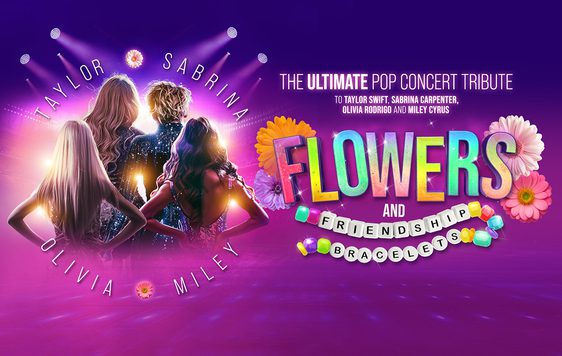 the backs of 4 female singers Flowers and Friendship Bracelets written in colours and squares pink / purple  back ground