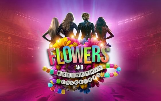 Four performers are shown from behind with the show logo of flowers and a beaded friendship bracelet