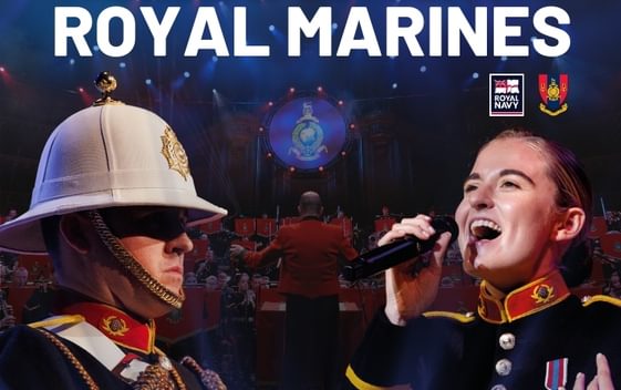 Two marines in uniform one singing, one in white hat with white text above them saying The Band of His Majesty's Royal Marines.