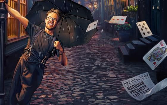 A cartoon image of James Phelan swingin on a lamp post with a black umbrella on a dark cobbled street. Playing cards are flying through the air.