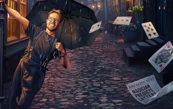 A cartoon image of James Phelan swingin on a lamp post with a black umbrella on a dark cobbled street. Playing cards are flying through the air.