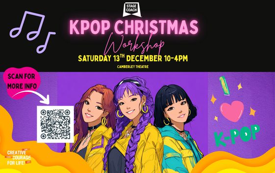 A cartoon image of K-Pop characters against a purple and yellow background with graffiti saying "I love K-Pop"