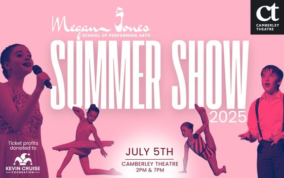 Summer Show in big writing pink background 4 children dancing and singing around the text