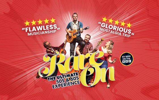 Red background with three men with guitars and one lady with a microphone. "Rave On" written in yellow across the middle of the image.