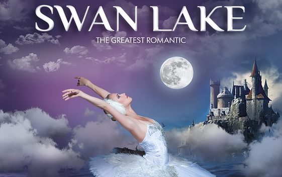 A ballerina in a white dress surrounded by clouds and water with a castle in the distance. Swan Lake is written in large white writing at the top of the image.