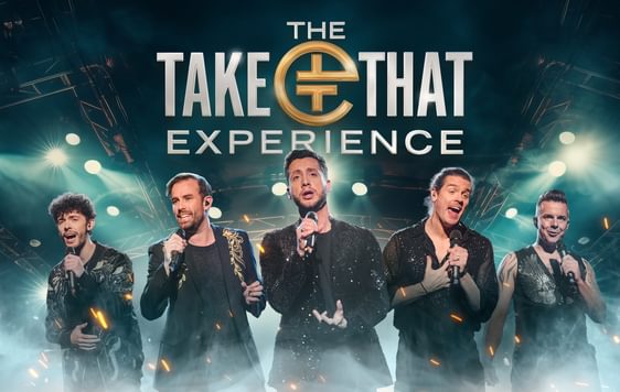 Five men singing emotionally into microphones being lit by white and blue stadium lights underneath the silver show title "The Take That Experience"