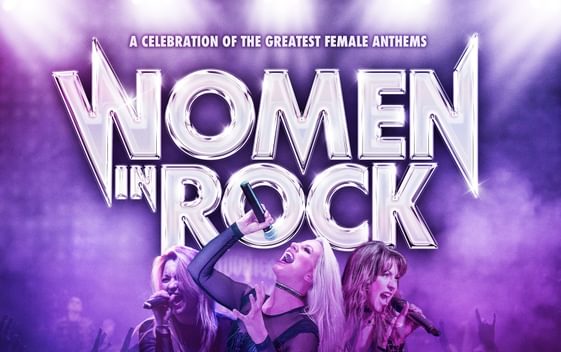 Three women are shown signing into microphones underneath the show title "Women in Rock" against a purple background with stage lights at the top