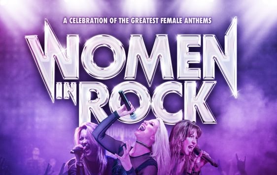 Three women are shown signing into microphones underneath the show title "Women in Rock" against a purple background with stage lights at the top
