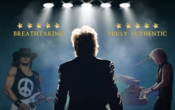 Wayne Harris as Jon Bon Jovi depicted as a silhoutte facing the rest of his band mates playing instruments behind haze and bright white lights.