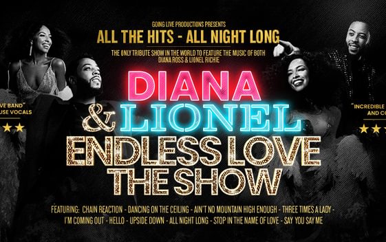 Promo poster with Diana (in pink) & Lionel (in blue) Endless Love TheShow written in gold. All The Hits - All Night Long in gold two 5 ***** star reviews and black and white images of the singers who play Diana Ross and Lionel Ritchie.