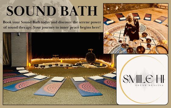 yoga mats set out in a semi circle facing fairy lights and copper bo0wls. The event name Sound Bath in the top left corner.