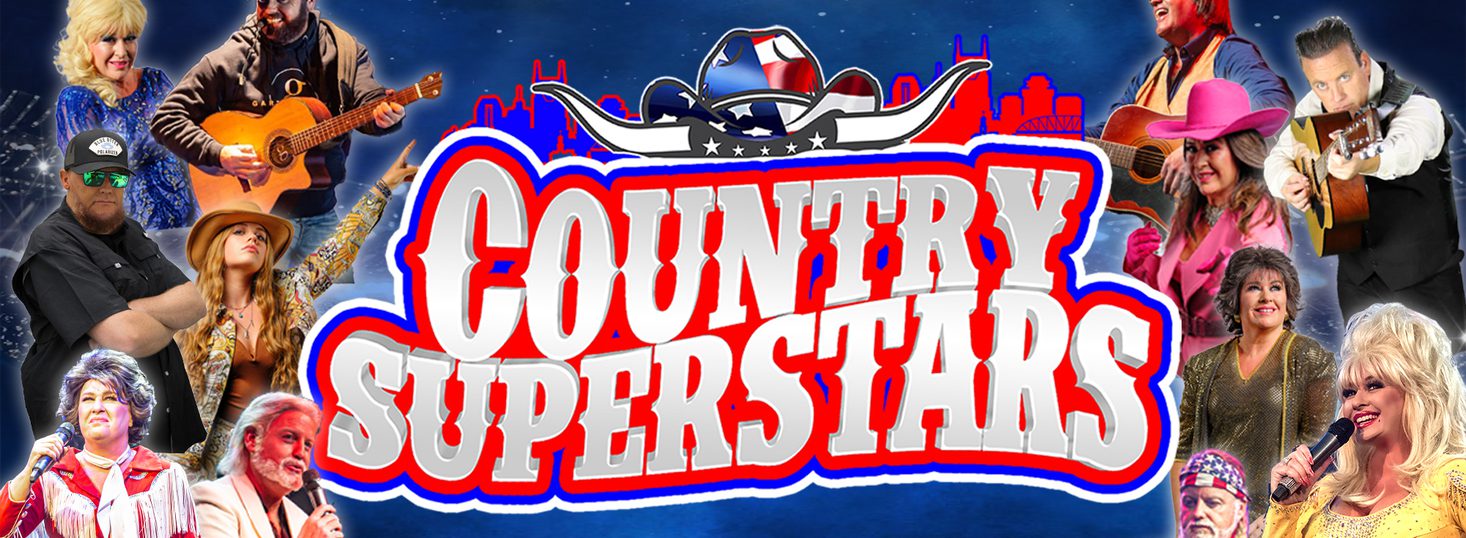 Country Superstars written in silver writing with red behind it. Lots of people dressed as country music performerss.