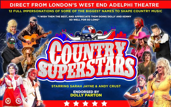 Country Superstars written in silver writing with red behind it. Lots of people dressed as country music performerss.