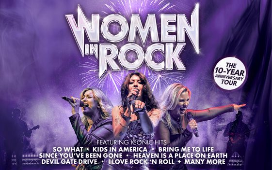 Purple back ground show title in silver writing three female vocalists