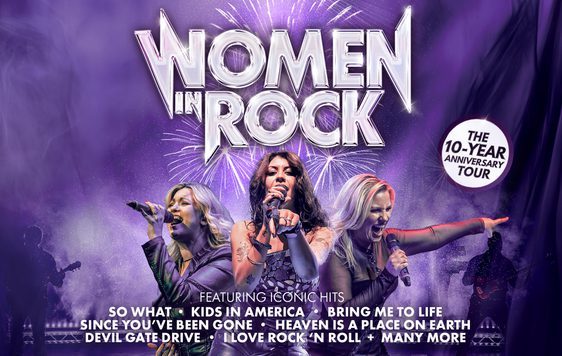 Purple back ground show title in silver writing three female vocalists