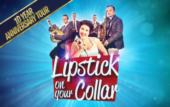 10 year anniversay tour sings and musicians in 1950s dress silver writing blusback ground