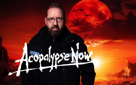 Alfie Moore in a police uniform in front of a red landscape with a large moon.