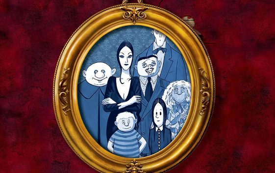 An ornate gold frame with a black and white illustrated image of the Addams Family against a red mottled background.