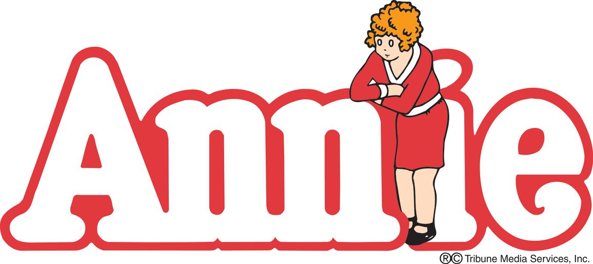 A cartoon image of a red haired girl weaing a red dress and leaning on the word "Annie"