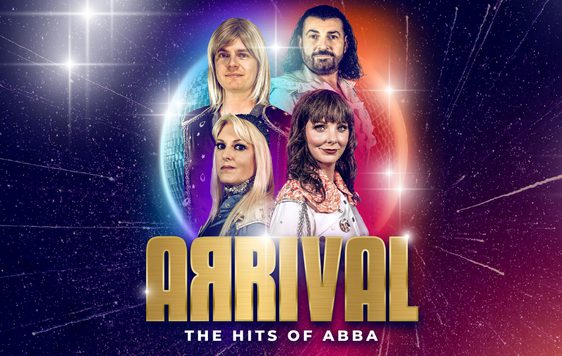 4 performers posing as the members of ABBA in front of a disco ball.  Text beneath says "Arrival.  The Hits of ABBA".