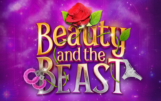 The show title in gold on a purple background. Items around the title include a rose, a pair of handcuffs and some underwear.