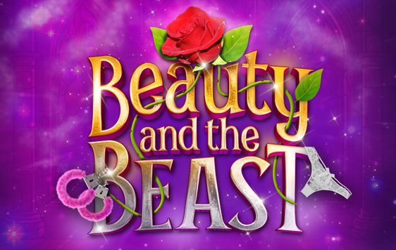 The show title in gold on a purple background.  Items around the title include a rose, a pair of handcuffs and some underwear.