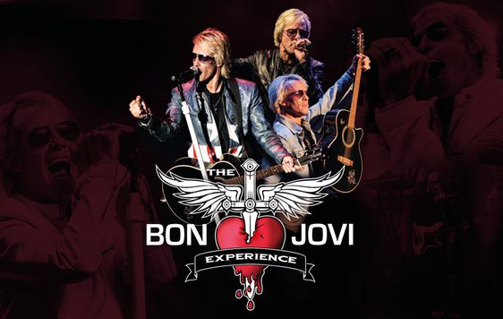 Three images of Jon Bon Jovi look alike one with guitar on black back ground with a red heart