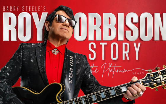 Barry Steele as Roy Orbison wearing a red shirt with a black jacket and sunglasses, holding a black guitar. The text reads "Barry Steele's Roy Orbison Story, The Platinum Years".