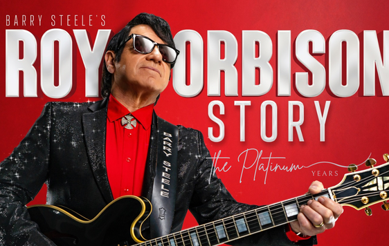 Barry Steele as Roy Orbison wearing a red shirt with a black jacket and sunglasses, holding a black guitar. The text reads "Barry Steele's Roy Orbison Story, The Platinum Years".