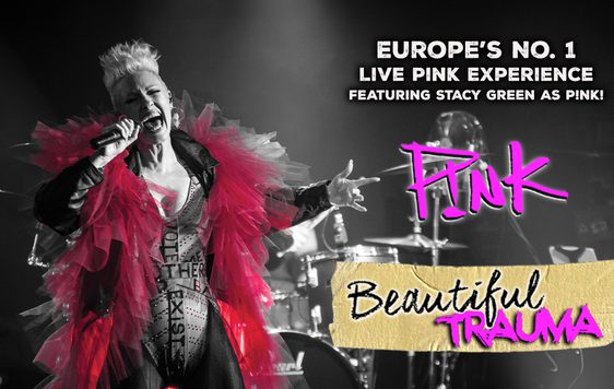 Stacy Green performs as "Pink" with blonde spiky hair, wearing a pink frilly jacket over a black bodysuit.  The show title "Beautiful Trauma" is shown next to her.