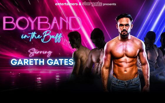 Gareth Gates is shown shirtless wearing a pair of jeans with silhouettes of other shirtless males behind him. Test reads "Boyband in the Buff, starring Gareth Gates"