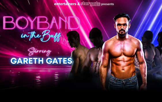 Gareth Gates is shown shirtless wearing a pair of jeans with silhouettes of other shirtless males behind him. Test reads "Boyband in the Buff, starring Gareth Gates"