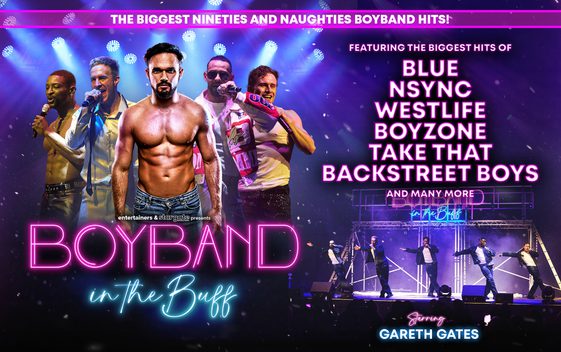 A tanned and toned Gareth Gates in front of 4 other performers. Purple writing.