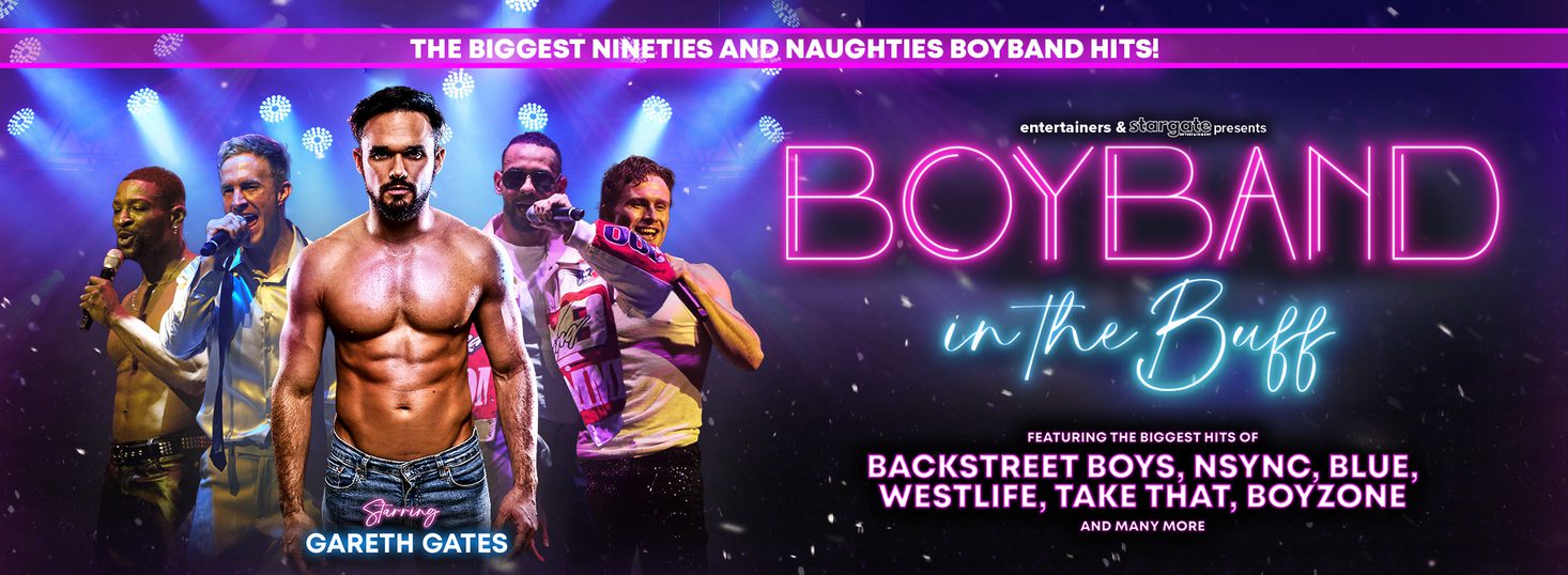A tanned and toned Gareth Gates in front of 4 other performers. Purple writing.
