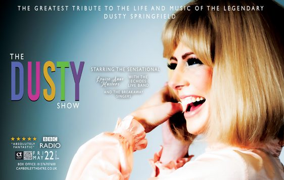 Blonde lady representing 'Dusty' coloured writing, title of show and reviews.