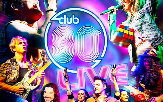 A neon sign says "Club 80s Live" and is surrounded with images of performers dressed as 80's artists