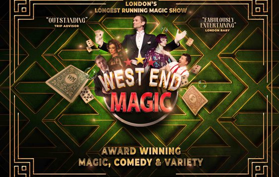 Show title in centre with images of magicians and playing cards on dark green background