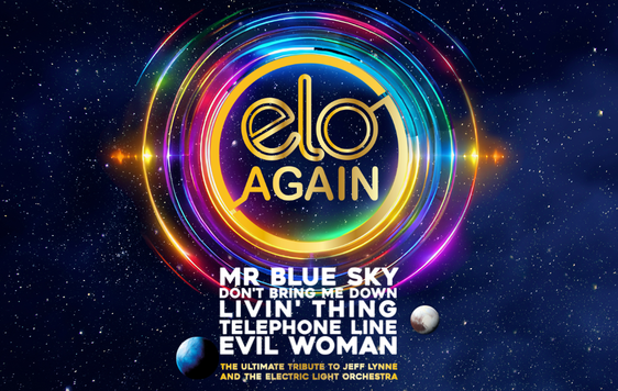 The show title "ELO Again" is shown inside a ring of neon lights against a galactic background.  The titles of some ELO songs are shown below, including Mr Blue Sky and Livin' Thing