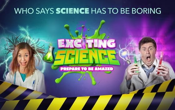 The show title "Exciting Science" is shown in bright purple and green against a green splodge. A woman on the left has her hair standing on end and a man on the right is holding two tubes of liquid with a shocked expression.