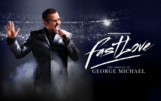 Vernon Nash as George Michael, wearing a grey jacket and singing into a microphone nex to the title of the show "Fastlove"