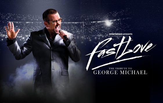 Vernon Nash as George Michael, wearing a grey jacket and singing into a microphone nex to the title of the show "Fastlove"