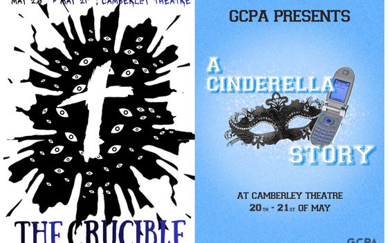 Two posters side by side, on the left is a white background with a black splatter and a cross with the title "The Crucible" underneath. On the right is a masquerade mask, a mobile phone and the title "A Cinderella Story".